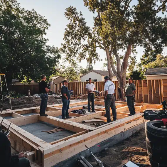 A group of contractors and architects discussing blueprints on a construction site for a custom ADU in Ladera Ranch.