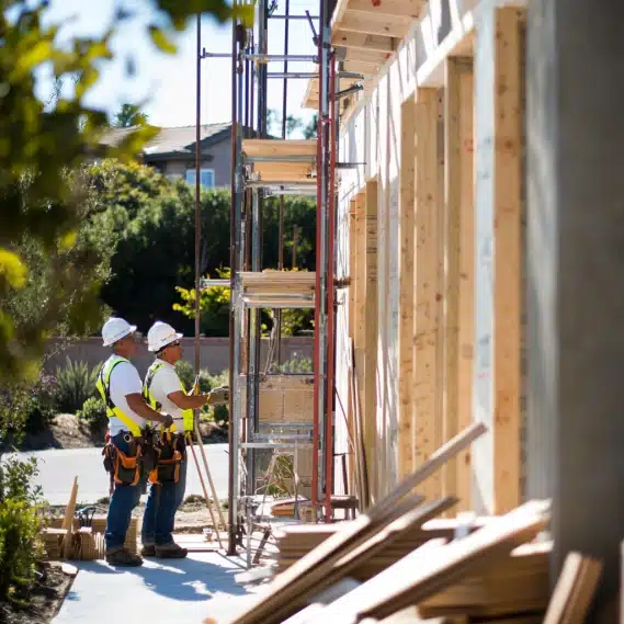 Professional builders and designers constructing a backyard ADU in Ladera Ranch, with hard hats and safety gear visible.