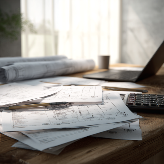 A calculator and a mechanical pencil next to construction permit forms, focused on the cost of an ADU permit.