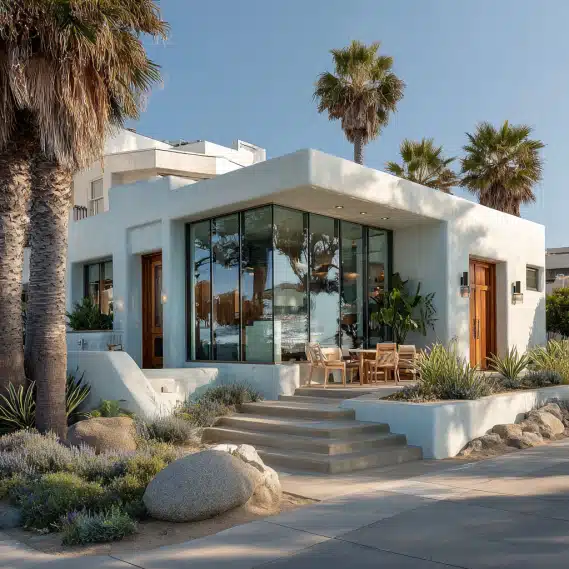 An attached ADU with California coastal architecture, white stucco walls, and large windows in Laguna Beach.