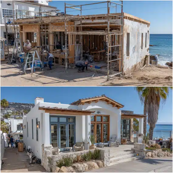 A before-and-after image of a coastal-style ADU under construction and the final, finished build.