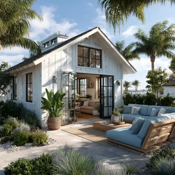 A coastal-style detached ADU with white wood siding and a shingle roof, built by adu contractors in Laguna Beach.