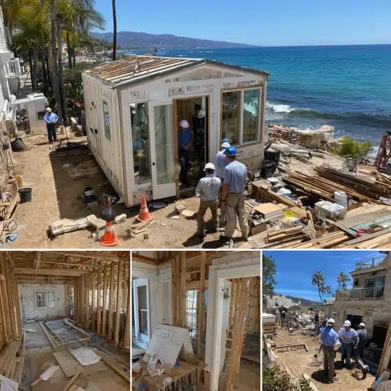 Multiple ADU builds in progress on a coastal construction site, viewed from the Pacific side of Laguna Beach.