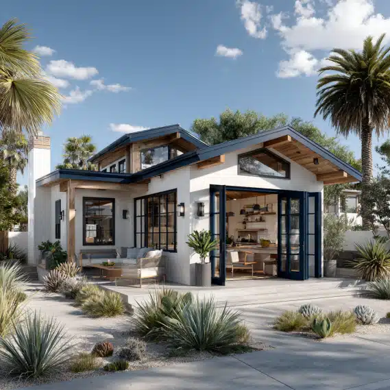 An elegant coastal-inspired garage conversion ADU in Laguna Beach with a white stucco exterior and natural wood accents.