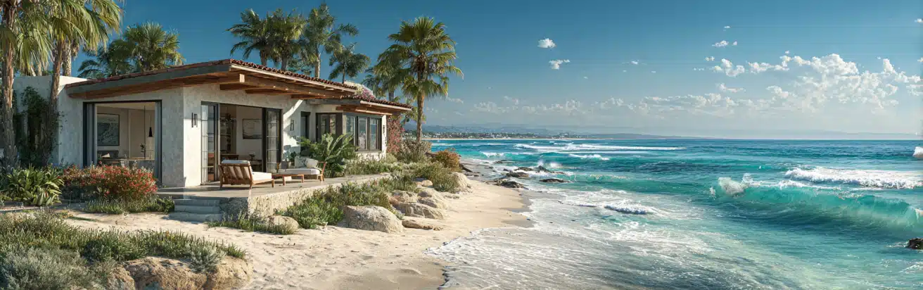 An elegant coastal ADU in Laguna Beach with a white stucco facade and large glass doors offering ocean views.