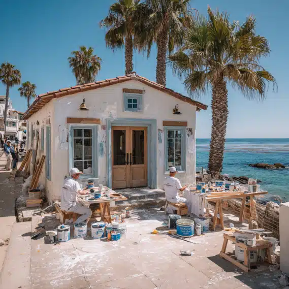 An under-construction coastal-style ADU with a bright white and soft beige facade, built by adu contractors in Laguna Beach.