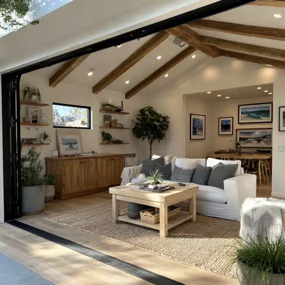 An interior view of a modern garage conversion ADU with light wood flooring and white walls.