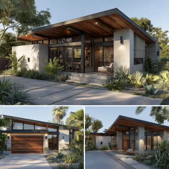 A collection of Mid-Century Modern ADU designs with clean lines and flat roofs, built by professional adu contractors in Laguna Beach.