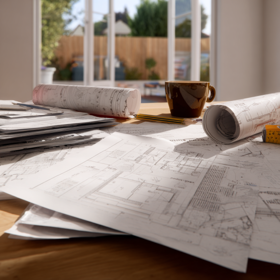 Architectural blueprints next to a fee estimate sheet, connecting the design to the ADU permit cost.