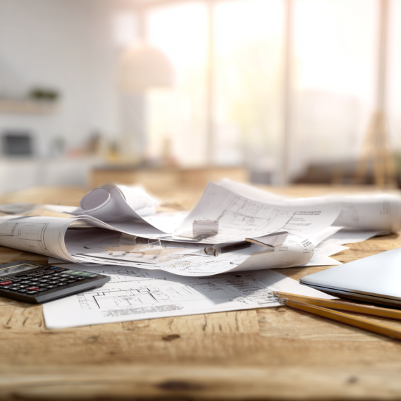 Desk with scattered construction documents, a calculator, and fee estimate sheets related to ADU permit costs.
