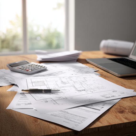 A clean, modern workspace with natural light, showing documents for ADU permit cost planning.