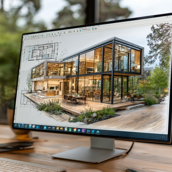 An architect's table with blueprints and design tools for a residential site plan.