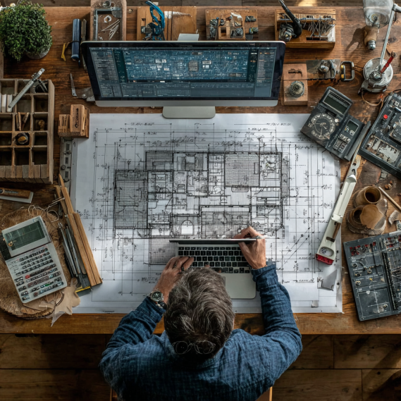 An architect in a home office, working on as-built plans using CAD software on a laptop.