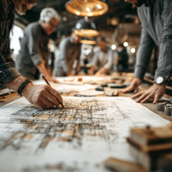 An architect and contractors gathered around a table, pointing at and reviewing as-built plans.