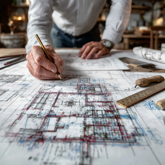 An architect reviewing detailed as-built plans with red and blue markup lines on a table covered with blueprints.