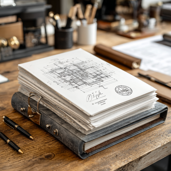 A close-up of a stack of as-built plans showing an architectural stamp and approval signatures.