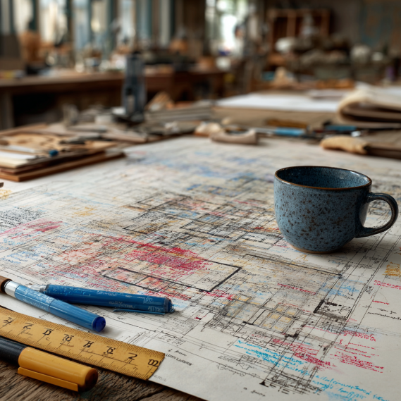 A close-up of as-built plans spread on a drafting table, showing technical drawings with hand-written red and blue corrections.