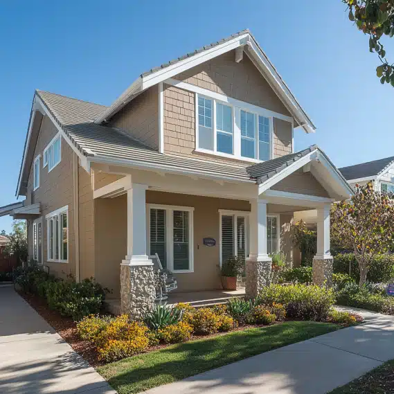 An attached ADU with Craftsman-style architecture, white trim, and light beige siding, seamlessly integrated into a main home in Ladera Ranch.