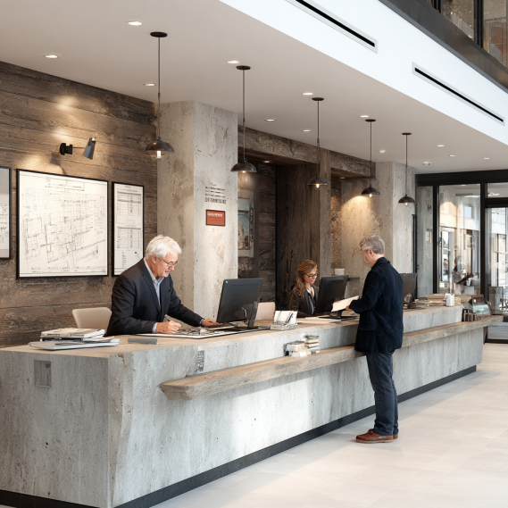 An architect and a homeowner at a counter in a city office, discussing a site plan for a building permit.