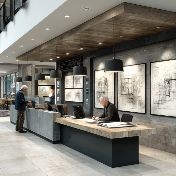 A professional scene showing rolled and stamped construction blueprints for a building permit.