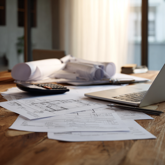 Architectural blueprints and stamped permit forms on a desk, representing the planning for a California ADU permit cost.