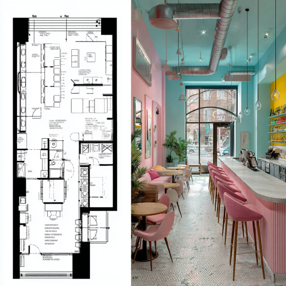 Detailed architectural blueprints for a commercial building site plan, showing floor plan and kitchen layout.