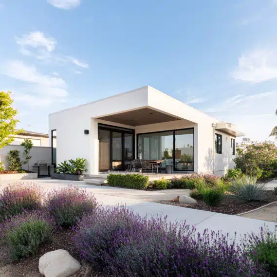 Modern minimalist ADU with crisp white stucco walls and large windows, built by custom ADU builders in Ladera Ranch.