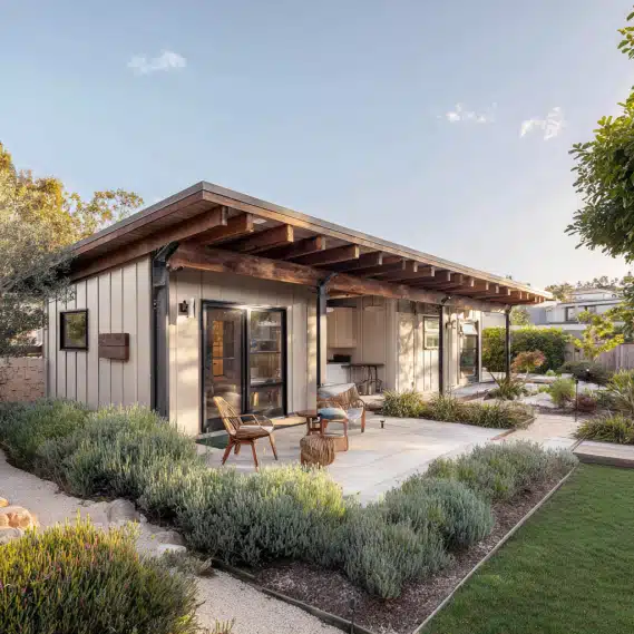 Modern ranch-style ADU in Ladera Ranch with a low-slung roof and earth-tone siding, built by custom ADU builders.