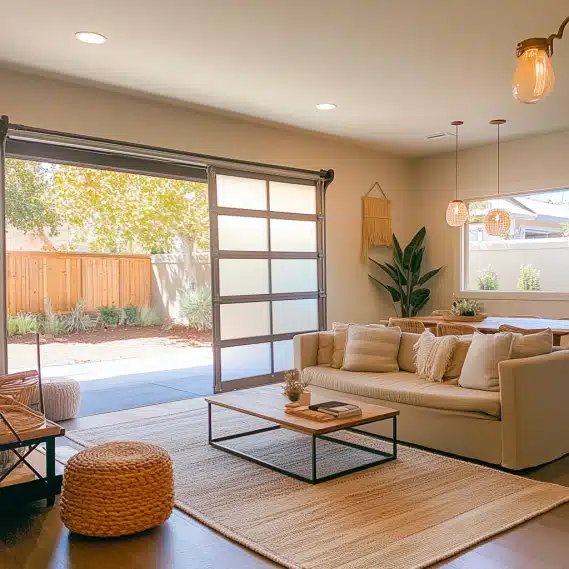 A modern and cozy garage conversion ADU interior with large windows and wood laminate flooring in Ladera Ranch.