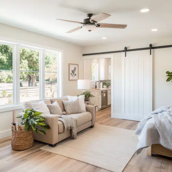 A beautiful and welcoming In-Law Suite ADU with a small open living area and warm wood flooring.