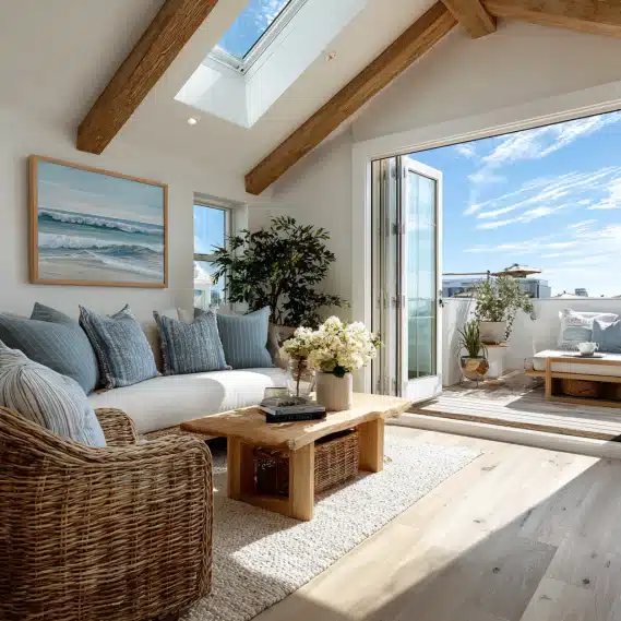 A modern bedroom conversion ADU interior in Laguna Beach with light oak wood floors and a coastal design.