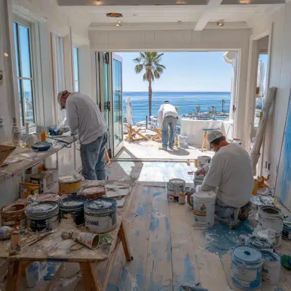 A construction worker smoothing drywall and applying elegant trim inside a coastal ADU in Laguna Beach.