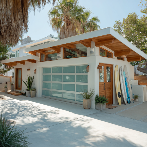 A coastal-style garage conversion ADU with white stucco and light wood accents in Laguna Beach.