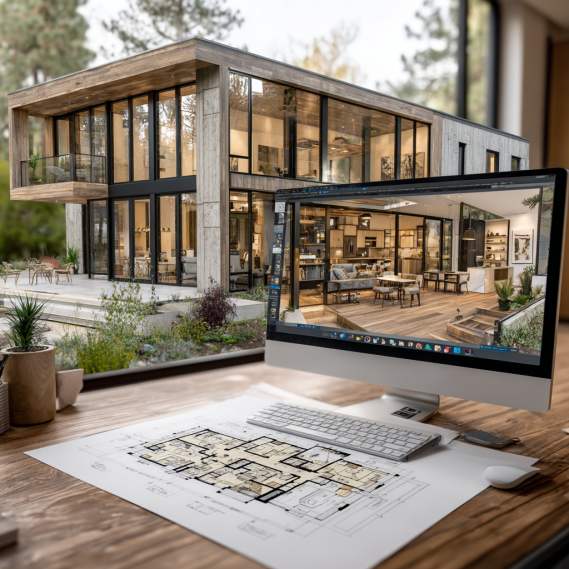 An architect in a modern home working on a residential site plan with AutoCAD software.