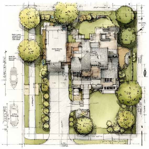 A professional residential site plan with property lines, a house, and a driveway, ready for permit submission.