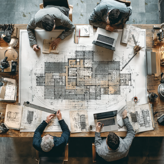 A team of architects and designers working on a large blueprint for a residential site plan.