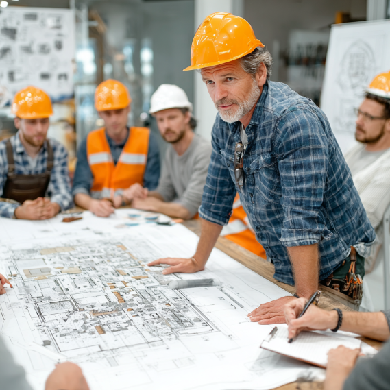 An architect presenting a residential site plan blueprint to a team of designers and contractors in a modern office.