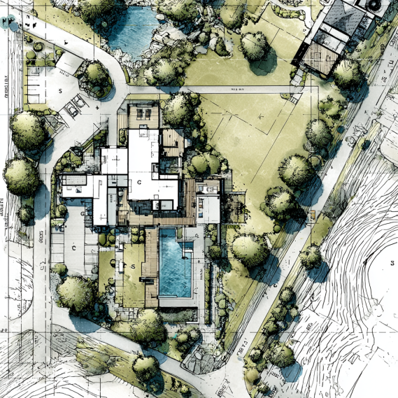 A professional residential site plan for a permit with topographical lines, property boundaries, and key structures.