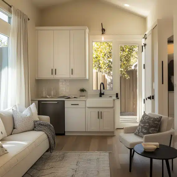 An interior of a converted bedroom into a modern ADU with a kitchenette and cozy living space in Ladera Ranch.