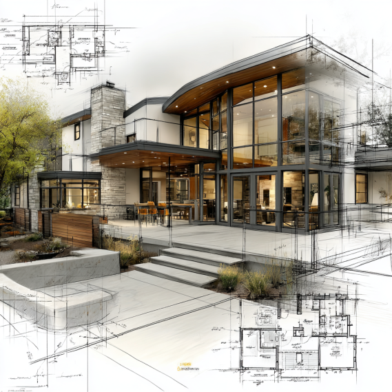 A 3D architectural visualization of a modern house combined with an overlaid site plan blueprint.
