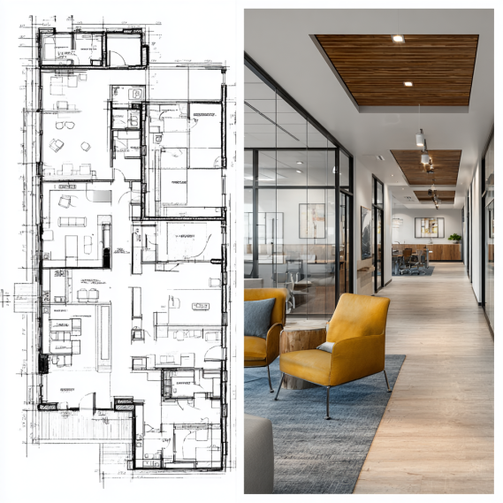 A side-by-side view showing a medical office site plan for a building permit next to a photorealistic 3D render of the final design.