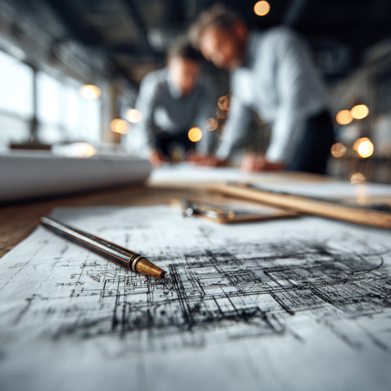 An architect and a contractor reviewing a site plan and construction blueprints on a table.