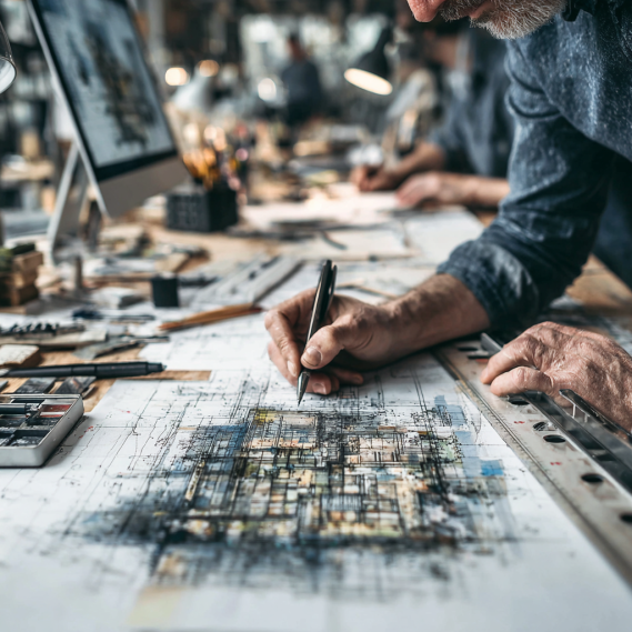 Architects and designers collaborating on a site plan for a building permit in a modern studio.