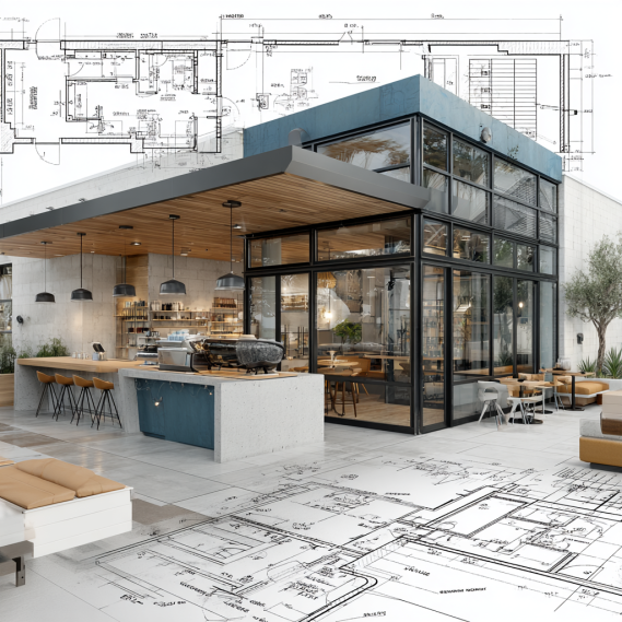 A 3D render of a boba tea shop overlaid with a professional site plan for a building permit.