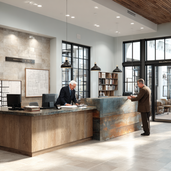 A homeowner and an architect submitting a site plan to a city permit clerk inside a government office.