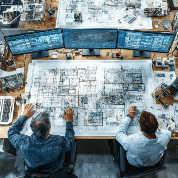 A team of architects and engineers working together on a commercial site plan for a building permit.