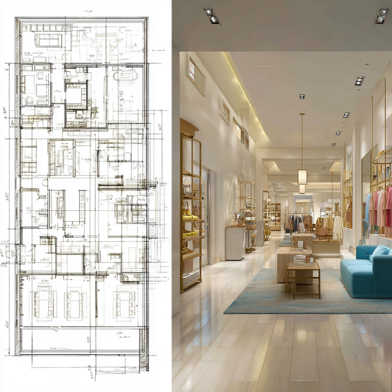 A side-by-side view of a luxury boutique's architectural floor plan and a 3D render of the completed stylish interior.