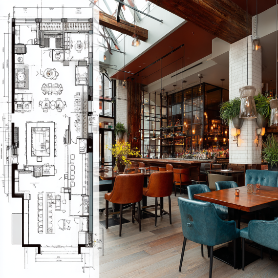 A side-by-side view showing a detailed floor plan on the left and a photorealistic 3D render of a luxury restaurant on the right.