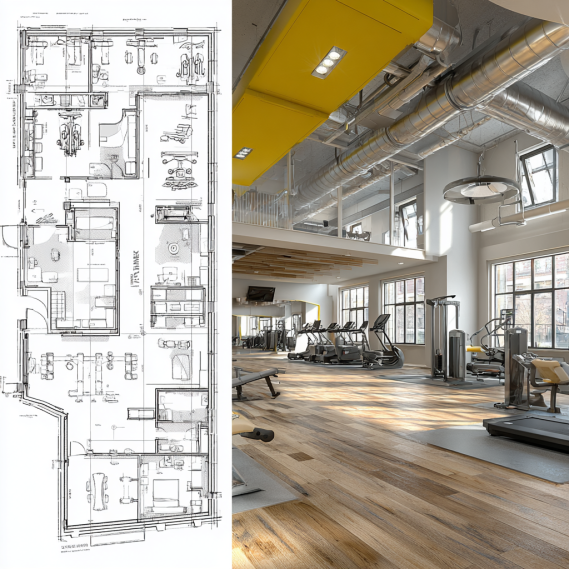 A side-by-side view of a luxury gym's architectural floor plan and a photorealistic 3D render.