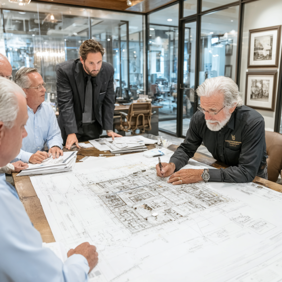 A group of architects and contractors gathered around a table, reviewing a detailed site plan for a building permit.